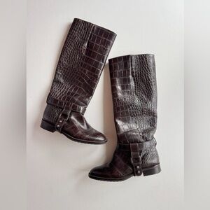 ZARA Dark Brown Croc Embossed Faux Leather Knee High Harness Boots, Size 36